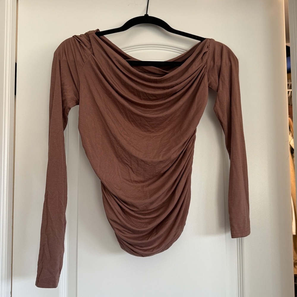 Women’s Brown Long Sleeve — off the shoulder, draped, ruched